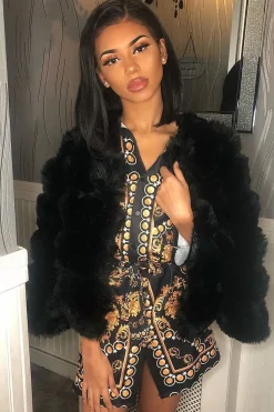 Rebellious Fashion Black Gold Chain Print Belted Shirt Dress - Estie