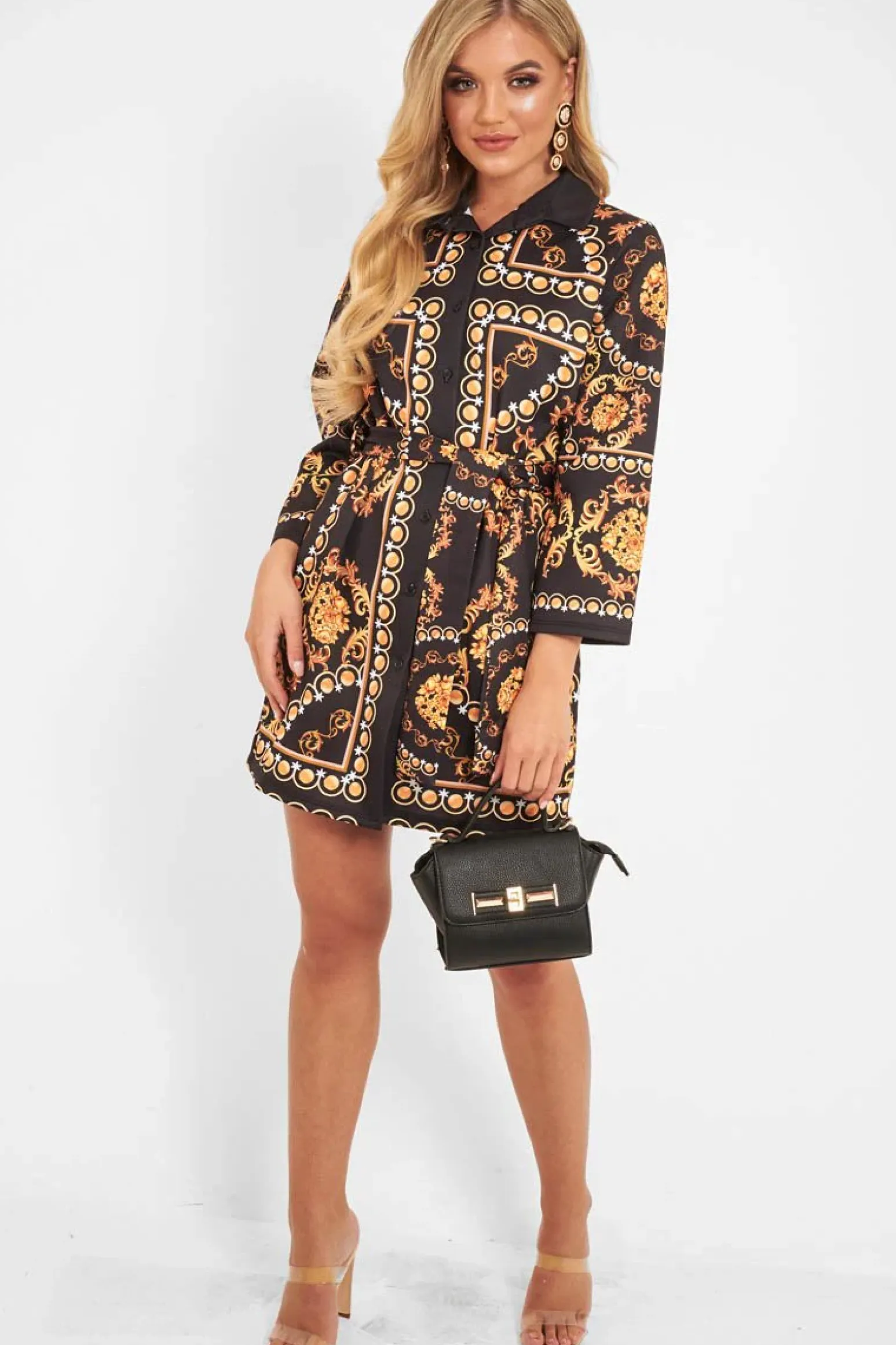 Rebellious Fashion Black Gold Chain Print Belted Shirt Dress - Estie