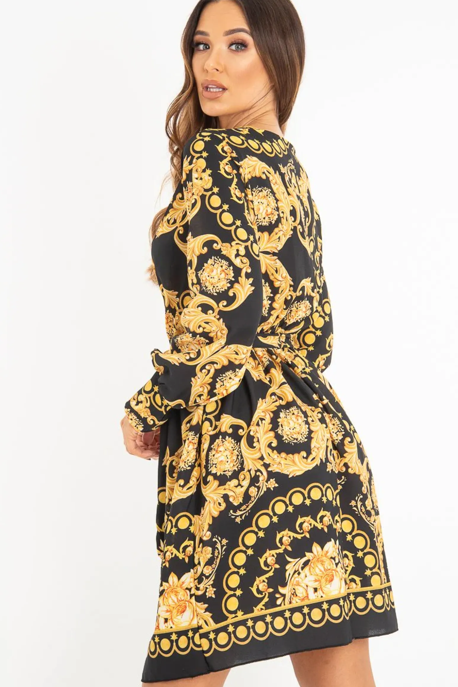 Rebellious Fashion Black Gold Floral Scarf Print Plunge Mini Dress - Sydney