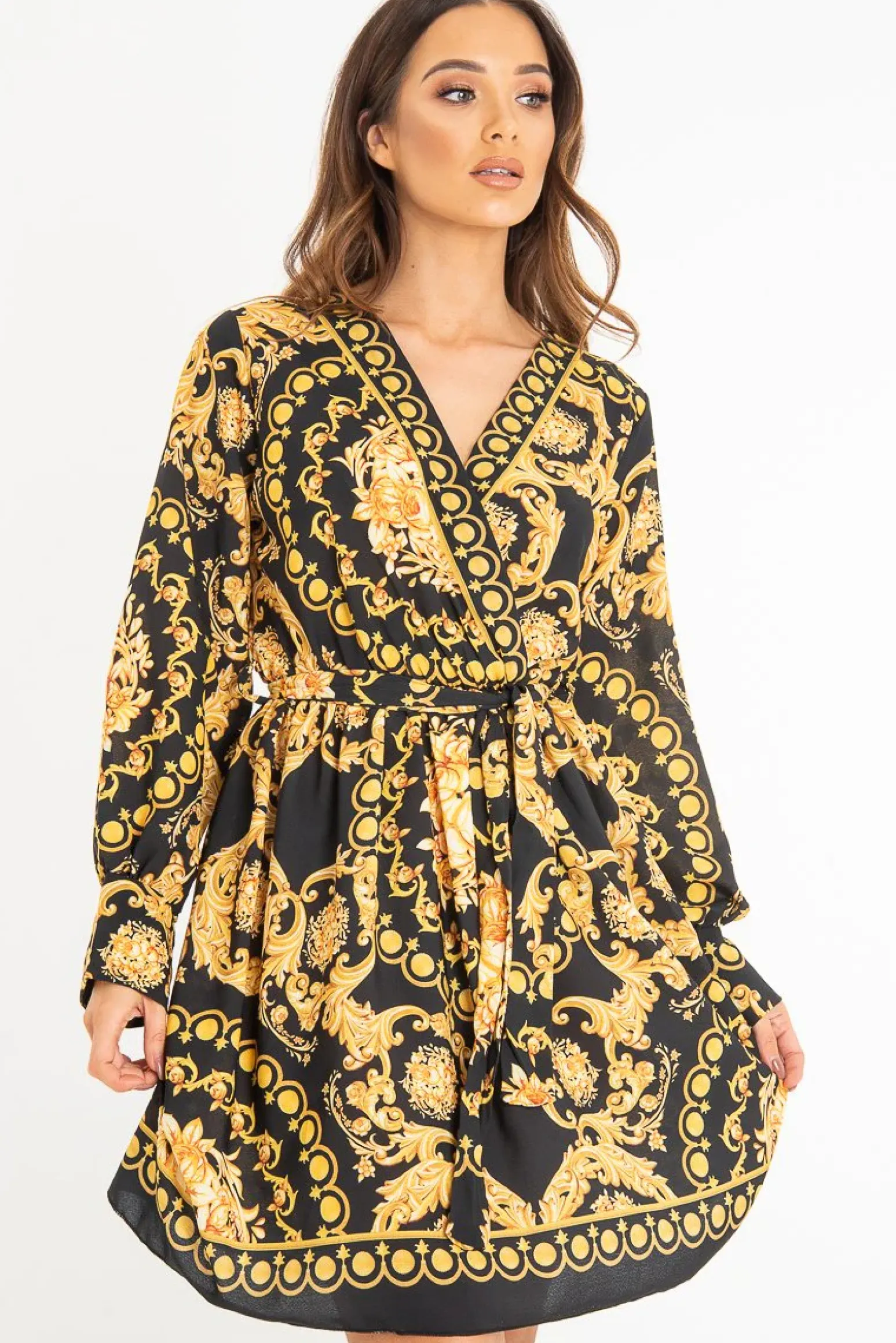 Rebellious Fashion Black Gold Floral Scarf Print Plunge Mini Dress - Sydney