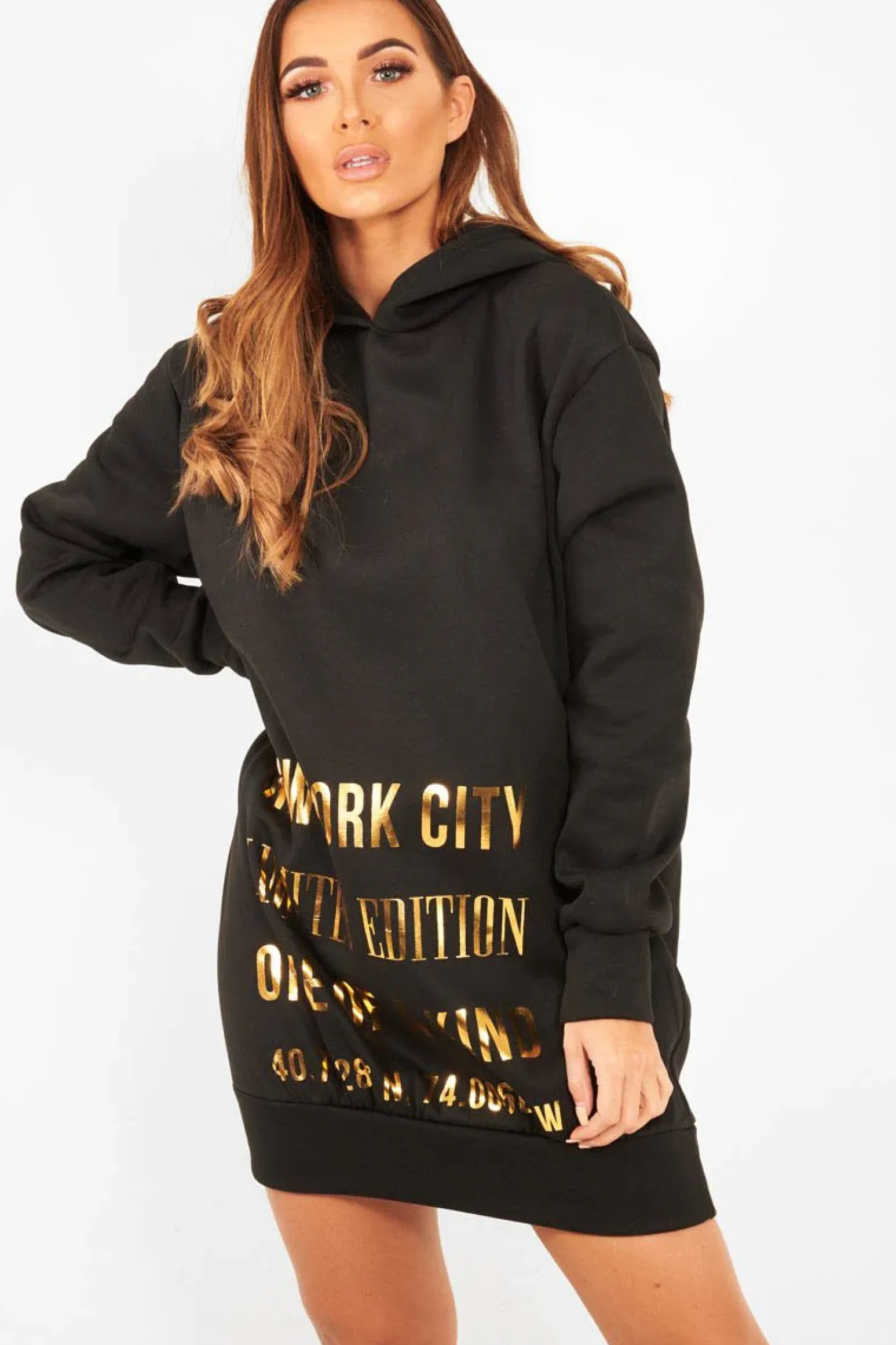 Rebellious Fashion Black Gold New York Slogan Hoodie Dress - Sophira