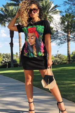 Rebellious Fashion Black Graphic Printed T-shirt Dress - Meeka