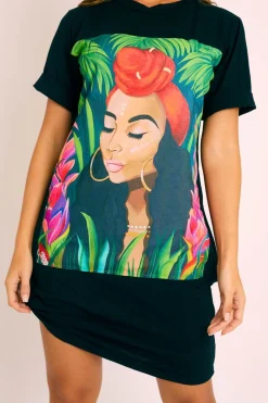 Rebellious Fashion Black Graphic Printed T-shirt Dress - Meeka