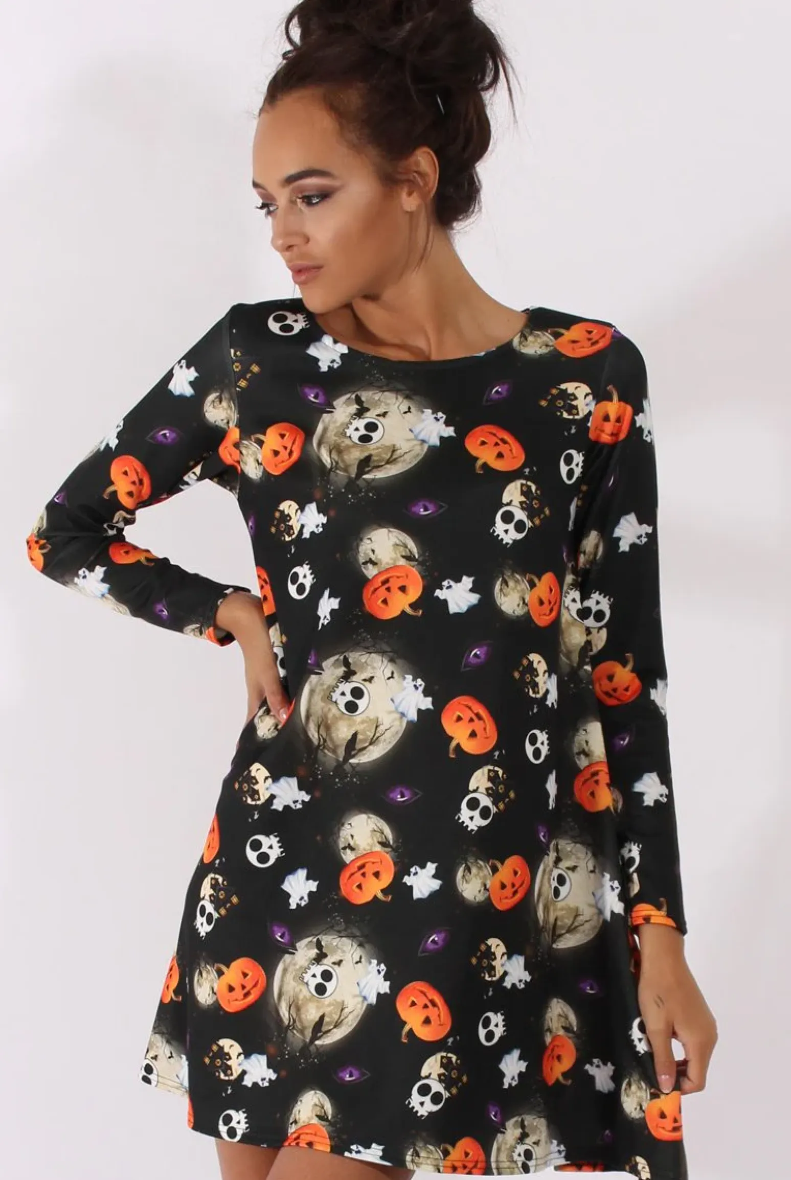 Rebellious Fashion Black Halloween Theme Swing Dress - Mona