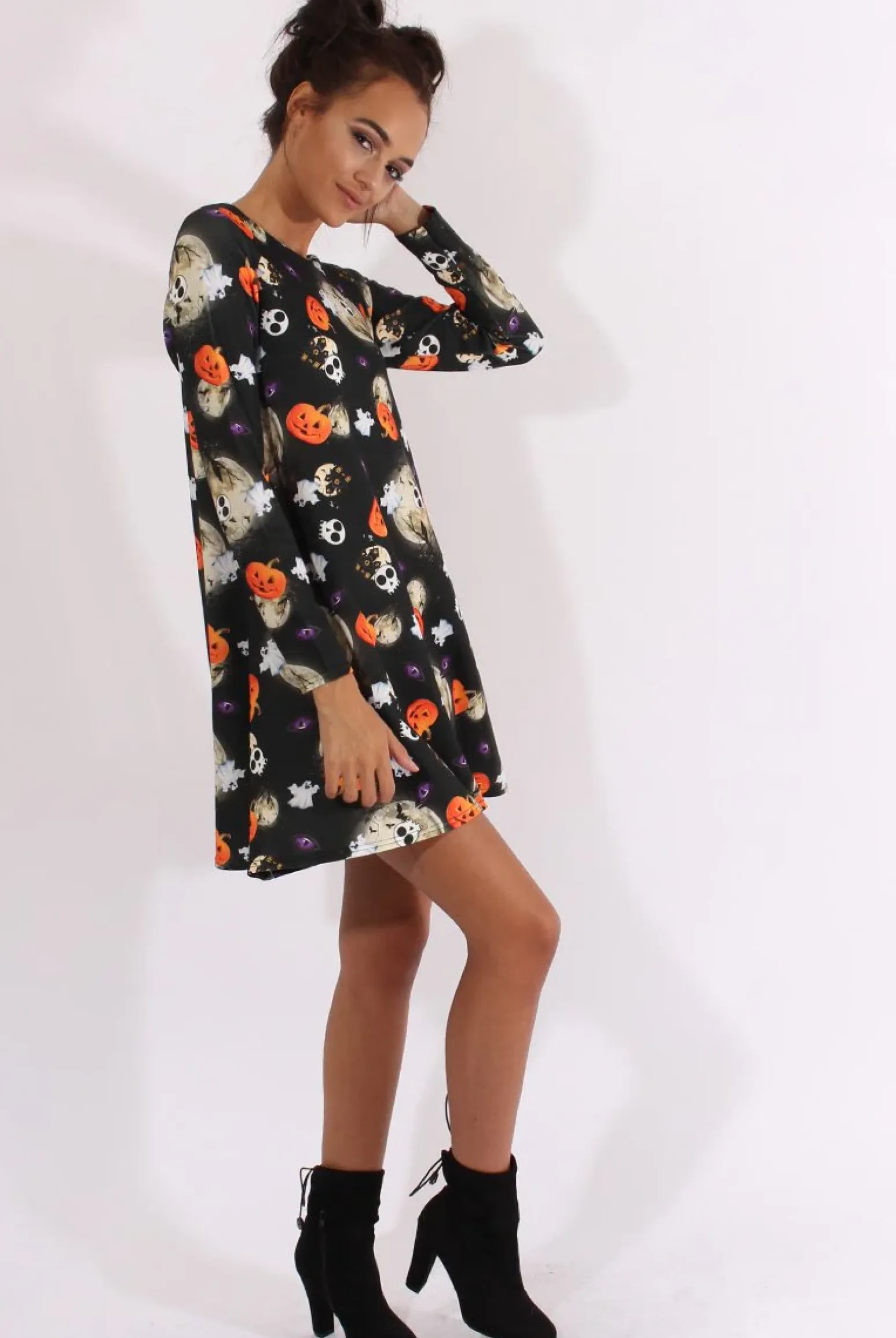 Rebellious Fashion Black Halloween Theme Swing Dress - Mona