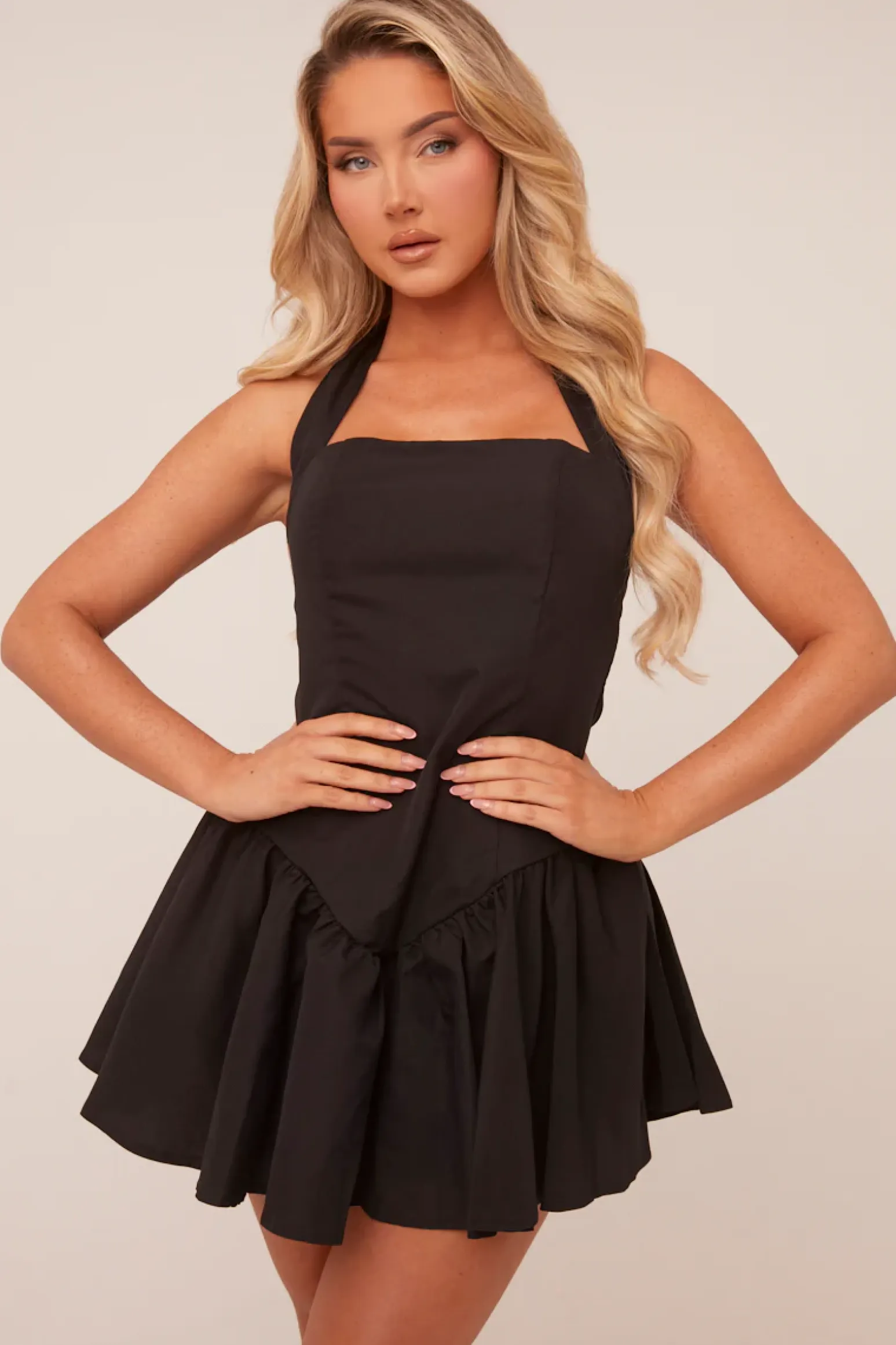 Rebellious Fashion Black Halter Neck Gathered Hem Mini Dress - Persis