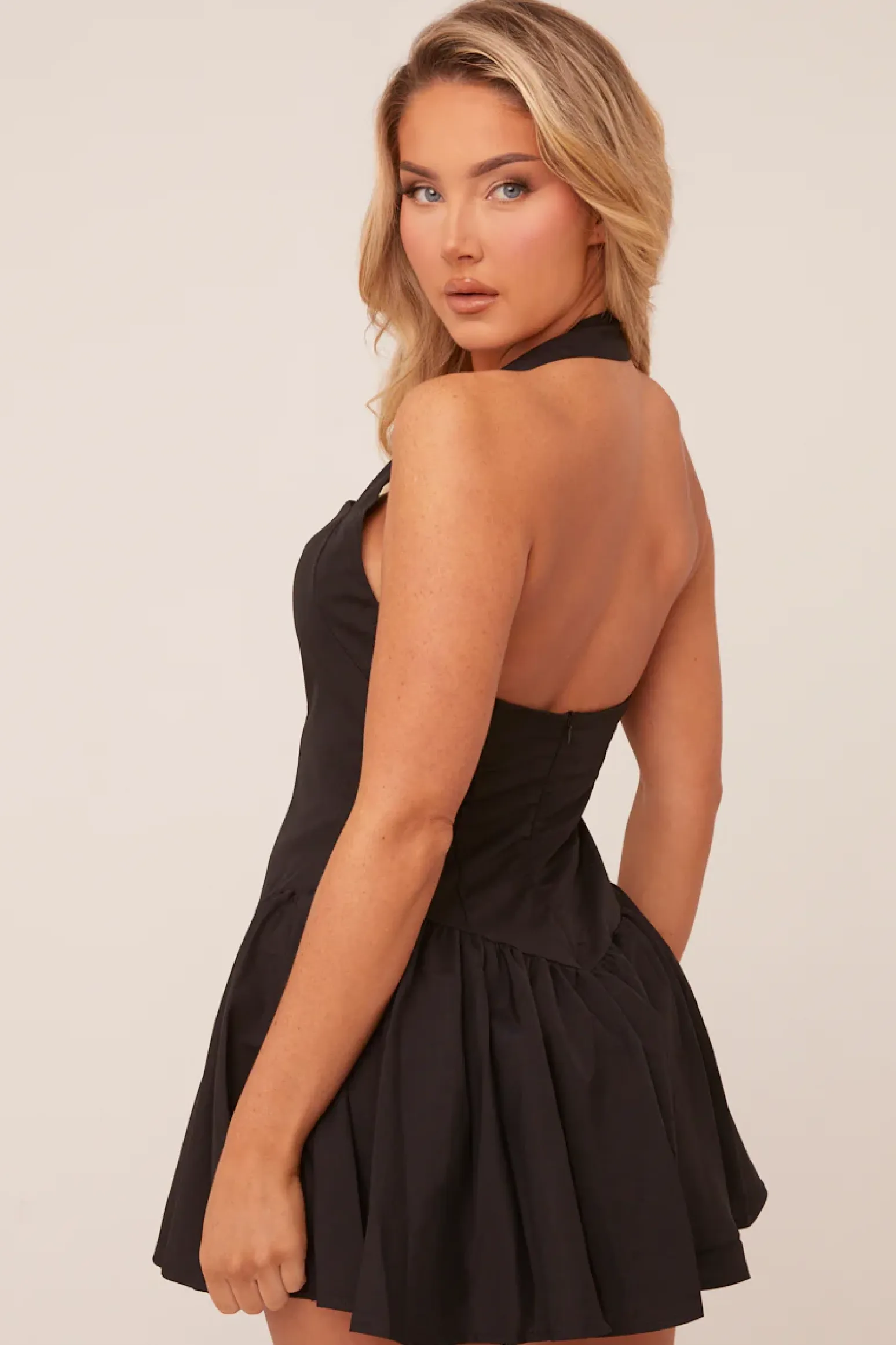 Rebellious Fashion Black Halter Neck Gathered Hem Mini Dress - Persis