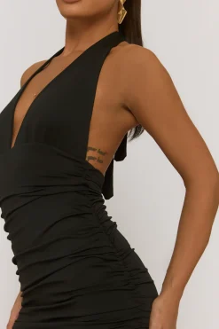 Rebellious Fashion Black Halter Neck Ruched Mini Dress - Risa
