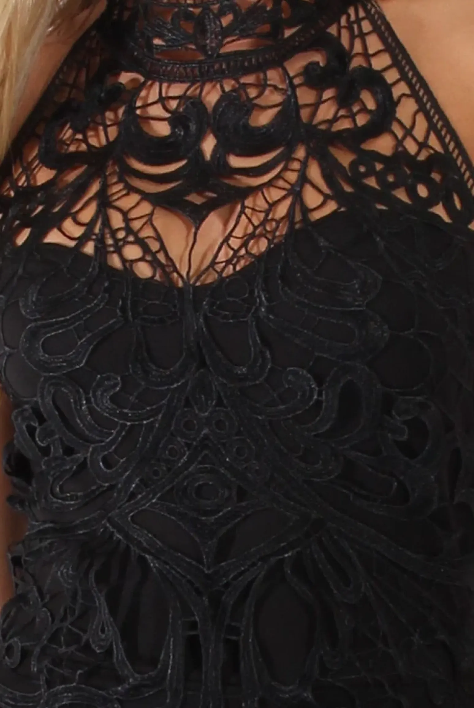 Rebellious Fashion Black Halterneck Crochet Layer Midi Dress - Andie