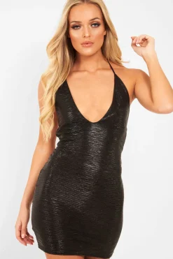 Rebellious Fashion Black Halterneck Plunge Neck Mini Dress - Kyli