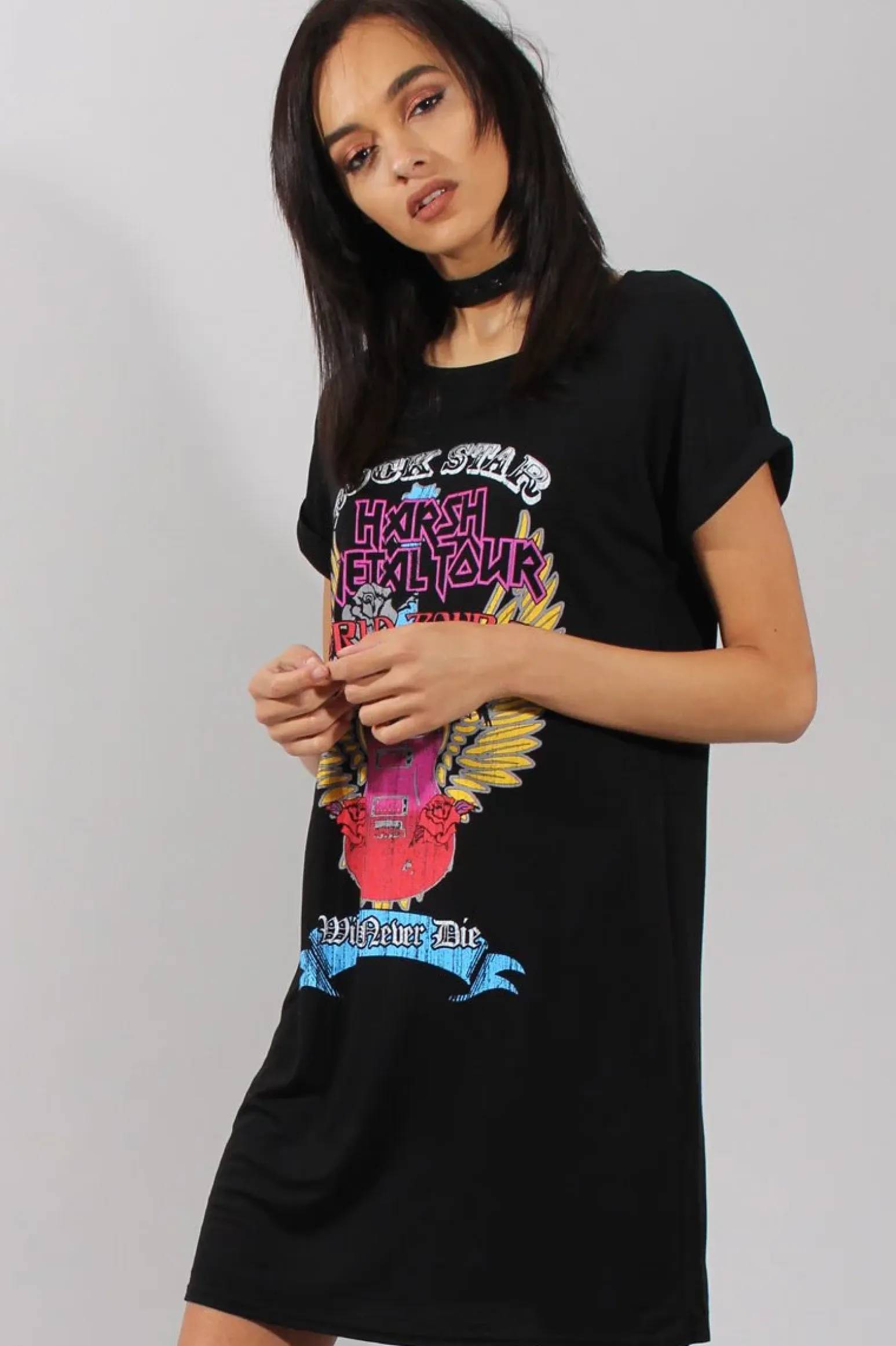 Rebellious Fashion Black Harsh Metal Tour T-Shirt Dress - Layne