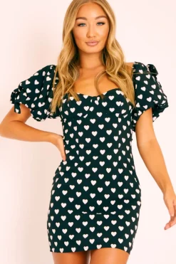 Rebellious Fashion Black Heart Print Cup Detail Mini Dress - Malaya