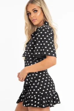 Rebellious Fashion Black Heart Print Plunge Ruffle Detail Mini Dress - Nicolle