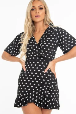 Rebellious Fashion Black Heart Print Plunge Ruffle Detail Mini Dress - Nicolle
