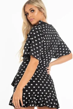 Rebellious Fashion Black Heart Print Plunge Ruffle Detail Mini Dress - Nicolle