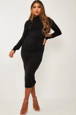Rebellious Fashion Black High Neck Belted Knit Midi Dress - Jakira