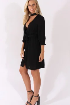 Rebellious Fashion Black High Neck Plunge Tie Waist Dress - Trinity