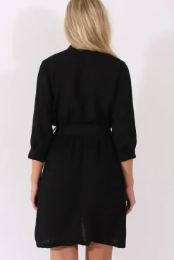 Rebellious Fashion Black High Neck Plunge Tie Waist Dress - Trinity
