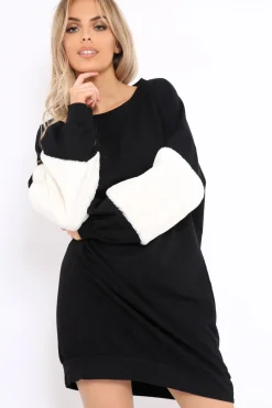 Rebellious Fashion Black Jumper Dress with Fur Sleeves - Paris