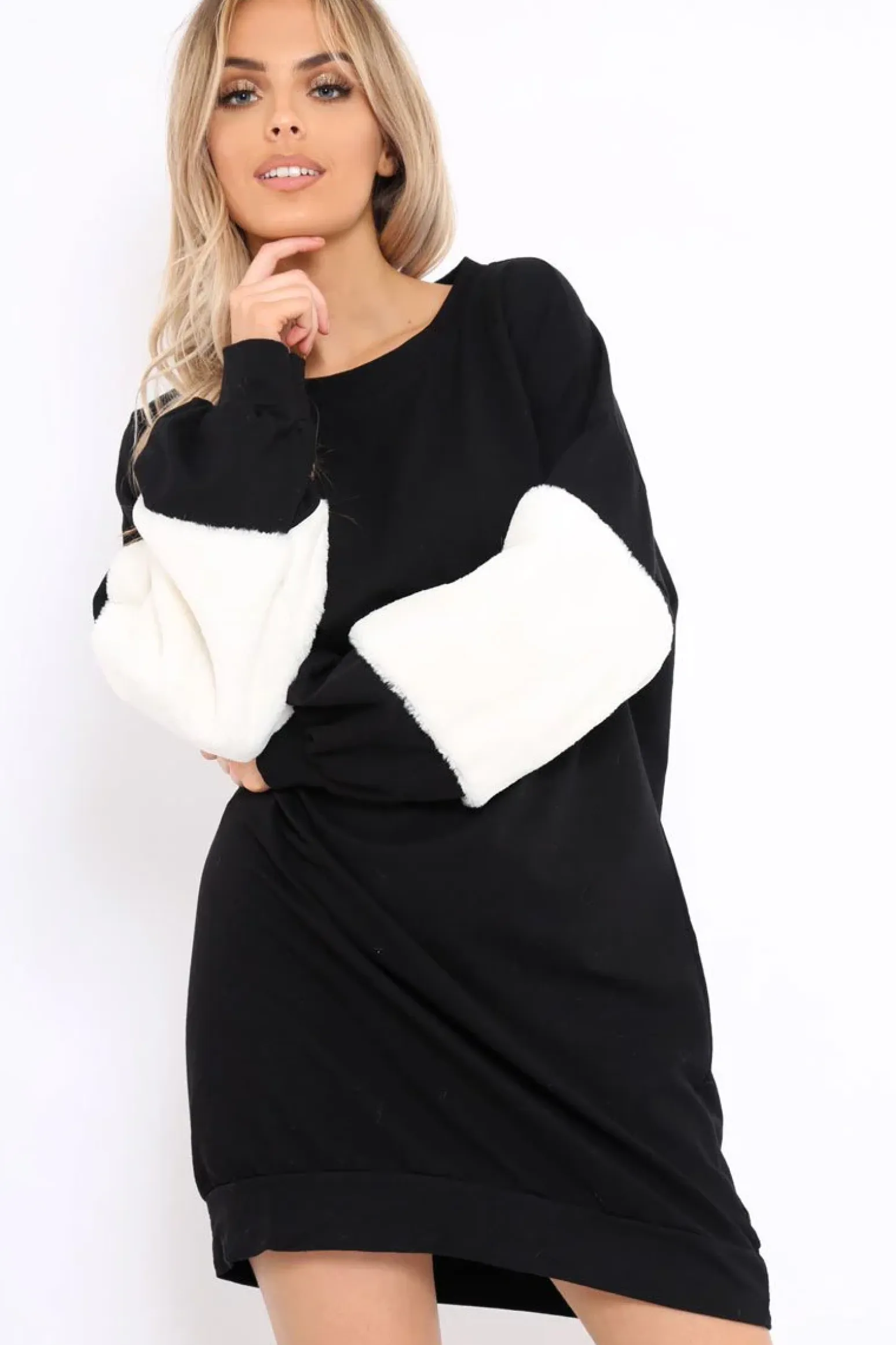 Rebellious Fashion Black Jumper Dress with Fur Sleeves - Paris