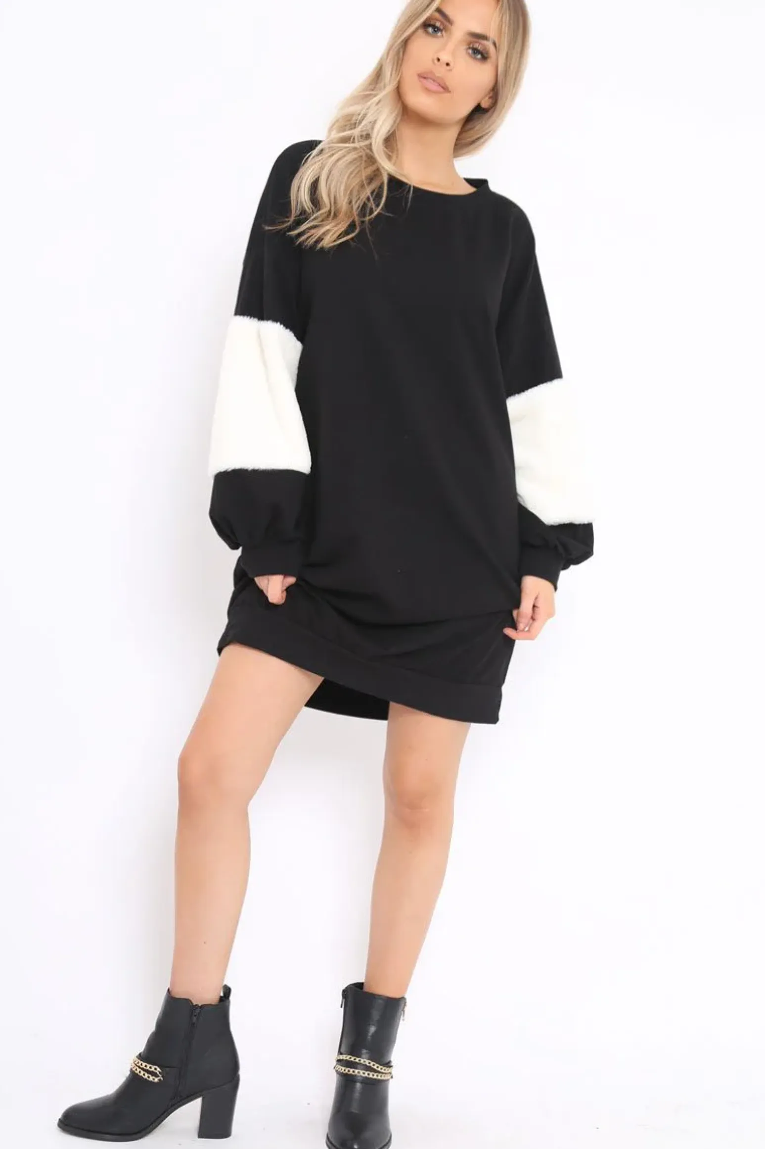 Rebellious Fashion Black Jumper Dress with Fur Sleeves - Paris