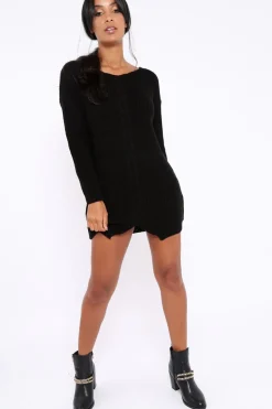 Rebellious Fashion Black Jumper Dress with Twist Knit Detail - Antonia