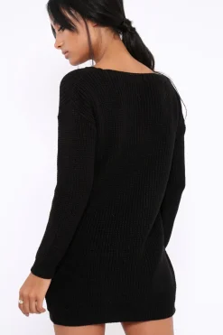 Rebellious Fashion Black Jumper Dress with Twist Knit Detail - Antonia