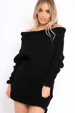 Rebellious Fashion Black Knitted Bardot Jumper Dress with Elasticated hems - Kirsty