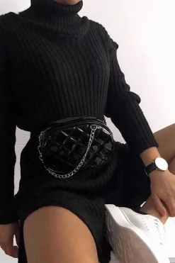 Rebellious Fashion Black Knitted Roll Neck Jumper Dress - Cecily