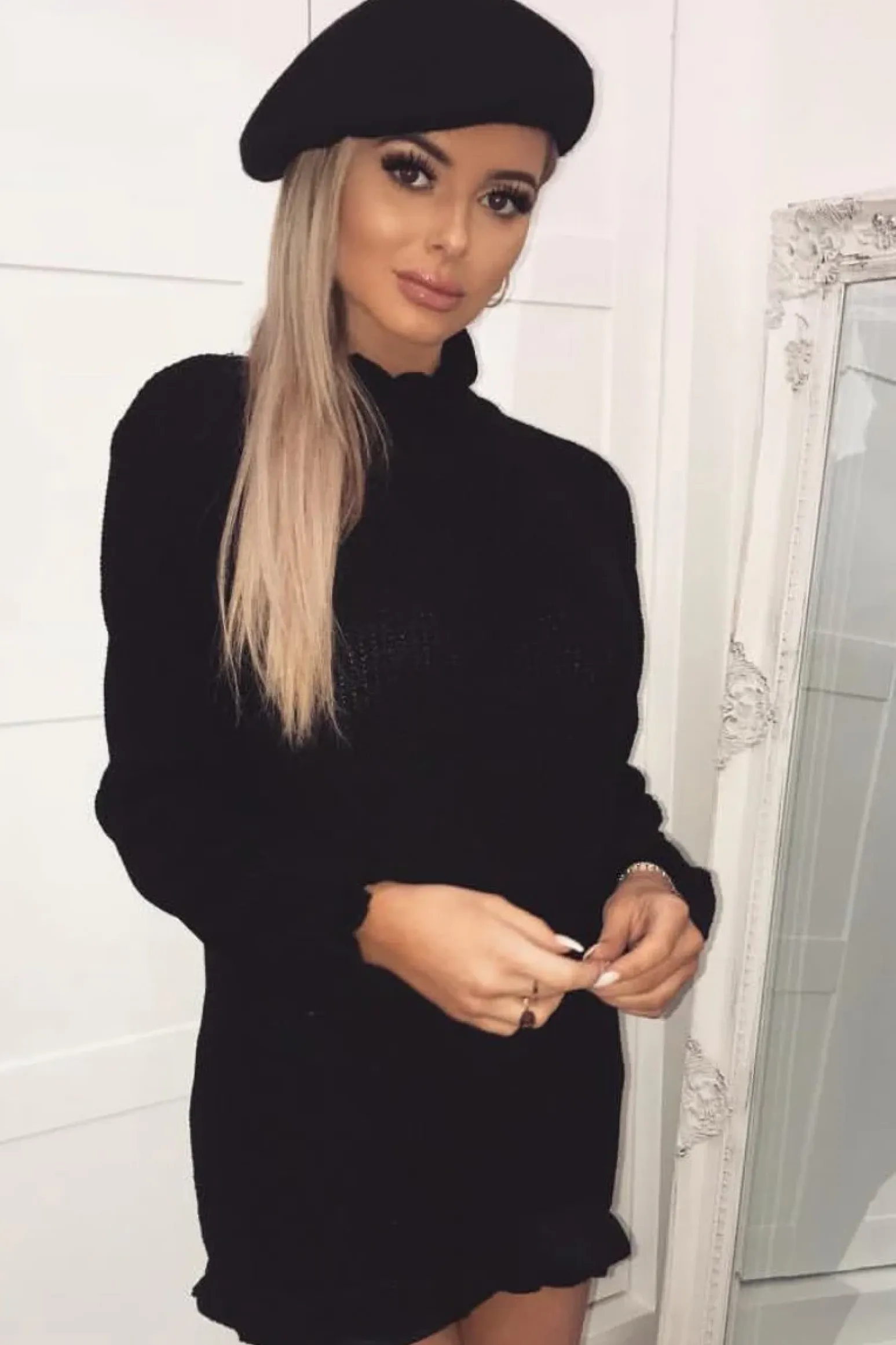 Rebellious Fashion Black Knitted Ruffle Jumper Dress with Elasticated hems - Velma
