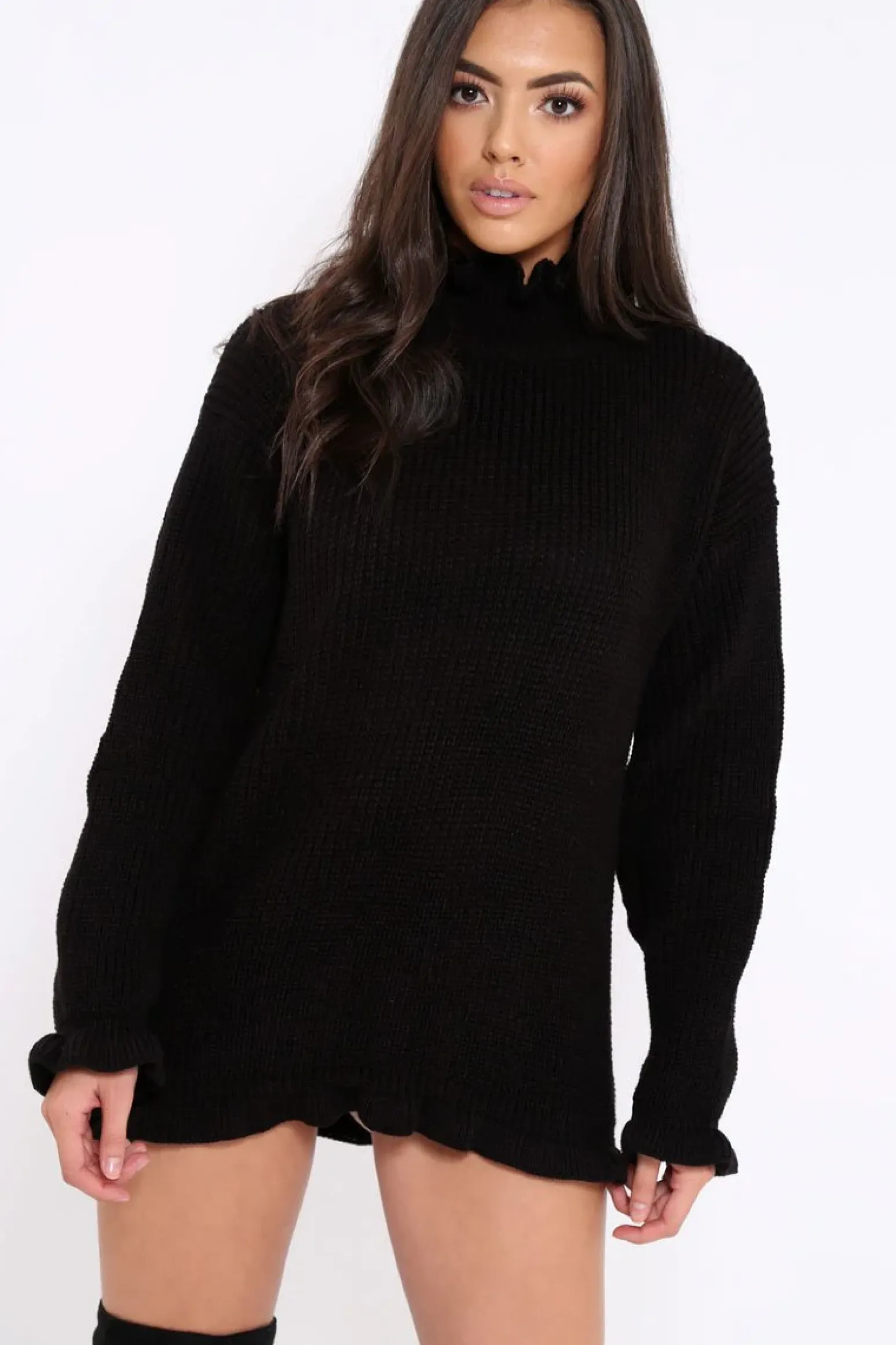 Rebellious Fashion Black Knitted Ruffle Jumper Dress with Elasticated hems - Velma