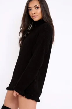 Rebellious Fashion Black Knitted Ruffle Jumper Dress with Elasticated hems - Velma