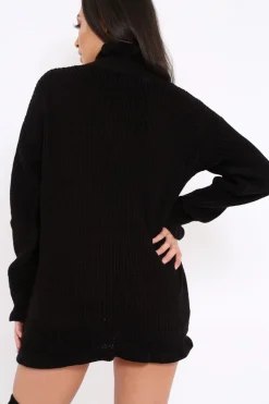 Rebellious Fashion Black Knitted Ruffle Jumper Dress with Elasticated hems - Velma