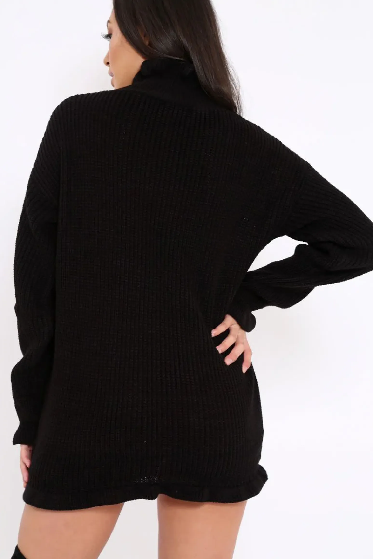 Rebellious Fashion Black Knitted Ruffle Jumper Dress with Elasticated hems - Velma