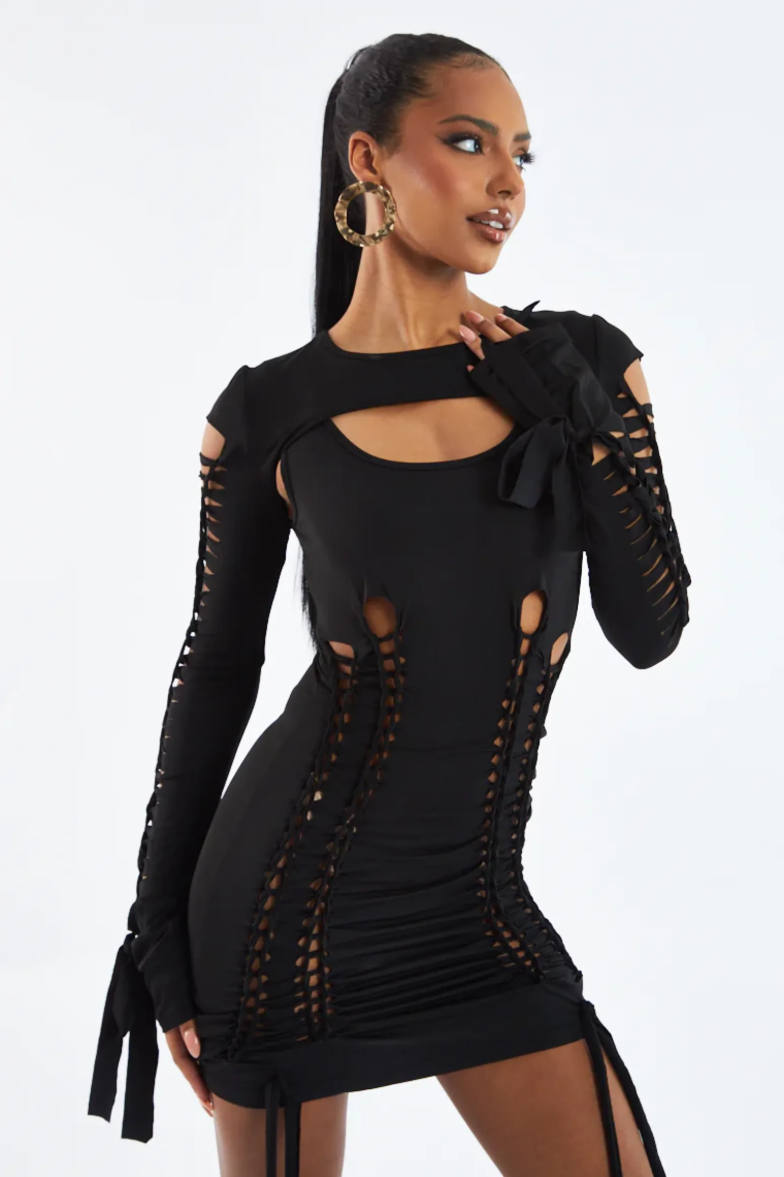 Rebellious Fashion Black Knot Detail Cutout Bodycon Mini Dress - Mya