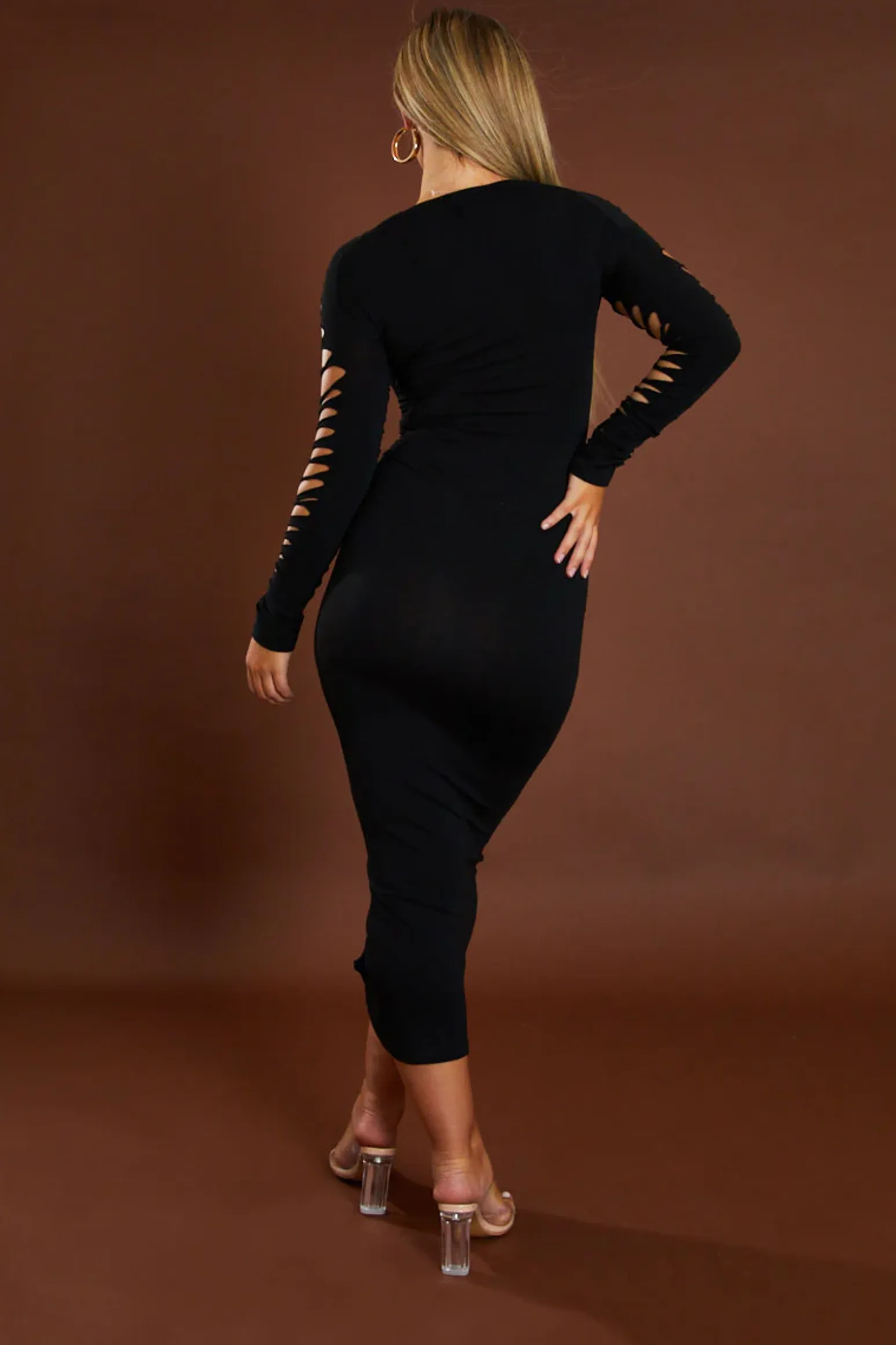 Rebellious Fashion Black Knot Detail Long Sleeve Midi Dress - Aviva