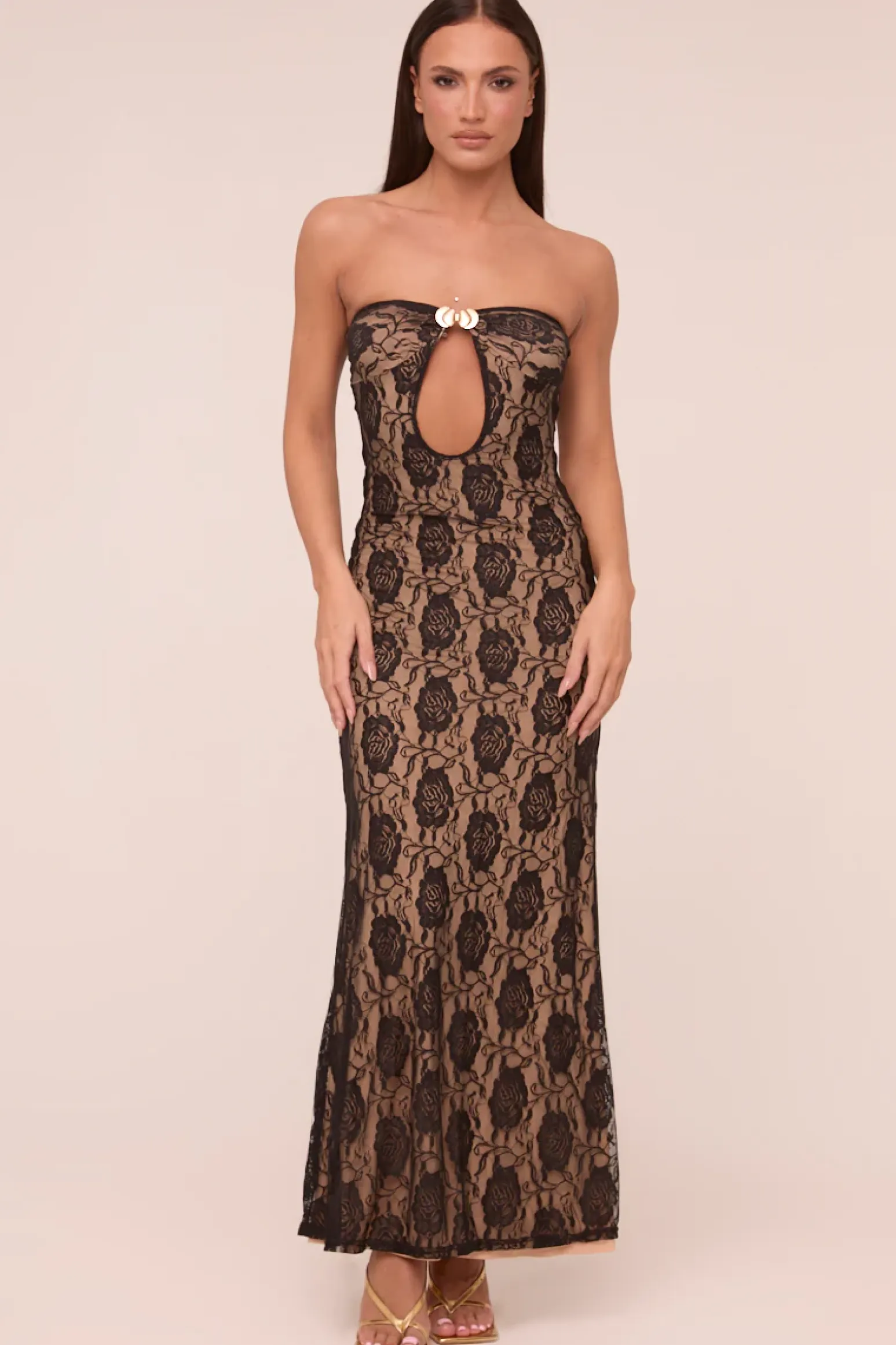 Rebellious Fashion Black Lace Bandeau Metal Trim Maxi Dress - Lucy