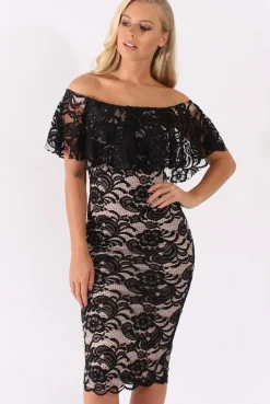 Rebellious Fashion Black Lace Bardot Frill Midi Dress - Keysha