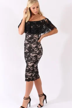 Rebellious Fashion Black Lace Bardot Frill Midi Dress - Keysha
