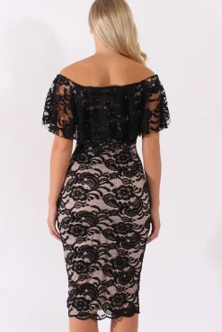 Rebellious Fashion Black Lace Bardot Frill Midi Dress - Keysha