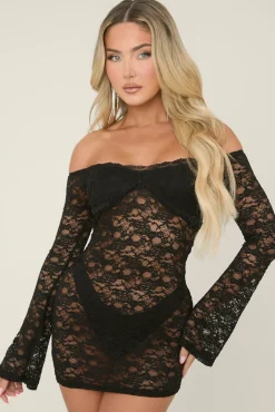 Rebellious Fashion Black Lace Bardot Long Sleeve Mini Dress - Bex