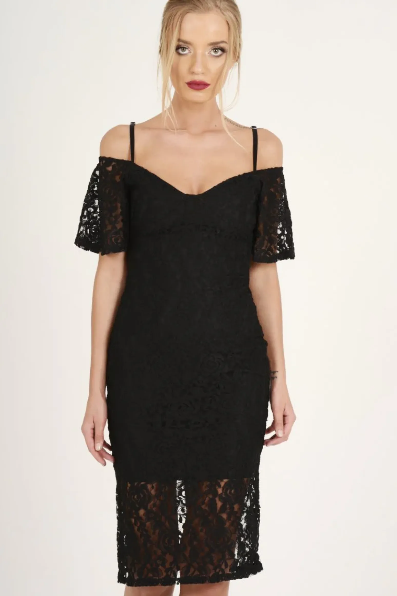 Rebellious Fashion Black Lace Cut Shoulder Midi Dress - Brodi