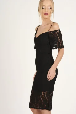 Rebellious Fashion Black Lace Cut Shoulder Midi Dress - Brodi