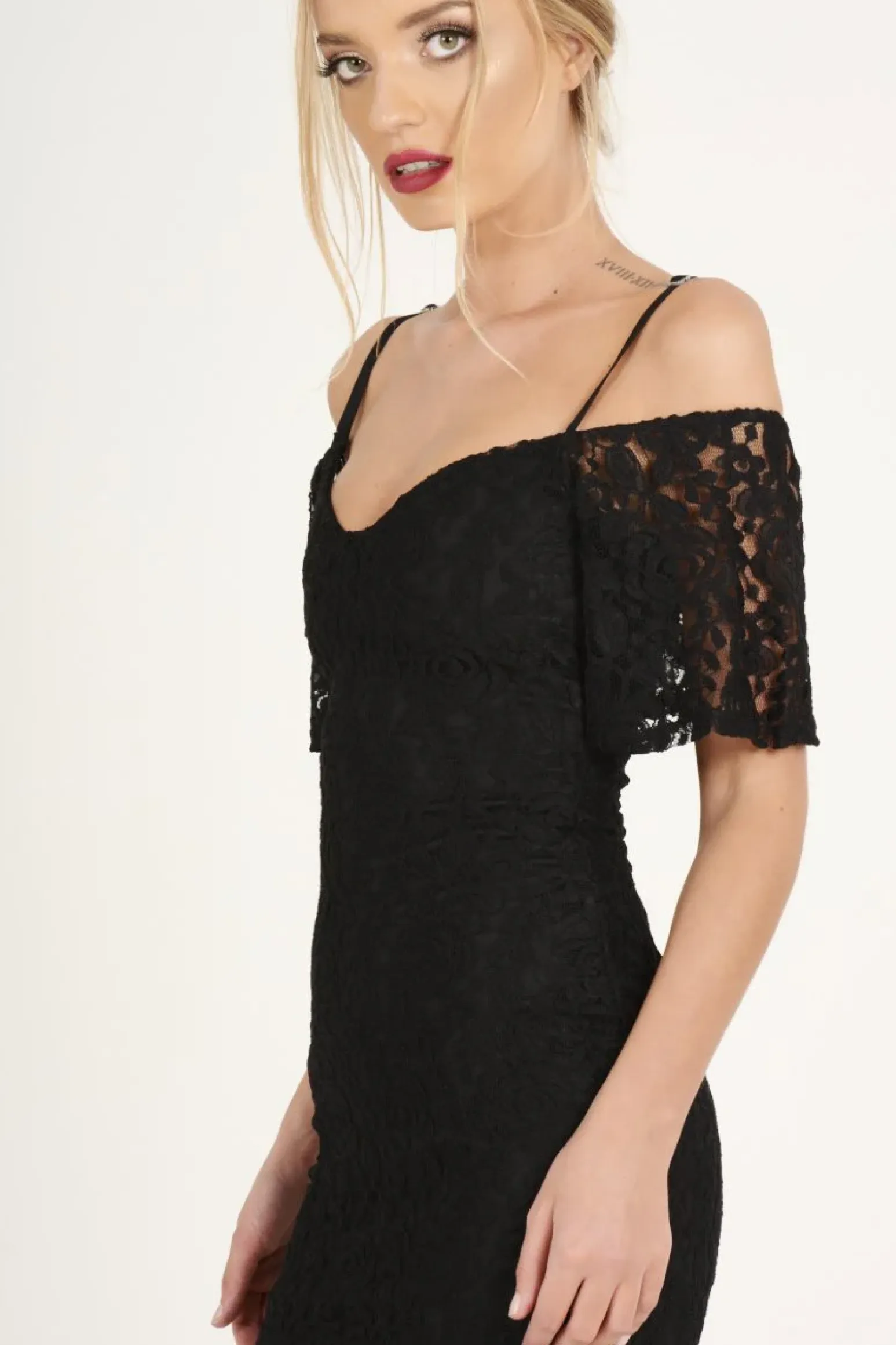 Rebellious Fashion Black Lace Cut Shoulder Midi Dress - Brodi