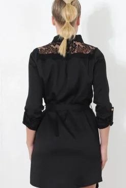 Rebellious Fashion Black Lace Detail Shirt Dress- Elvi