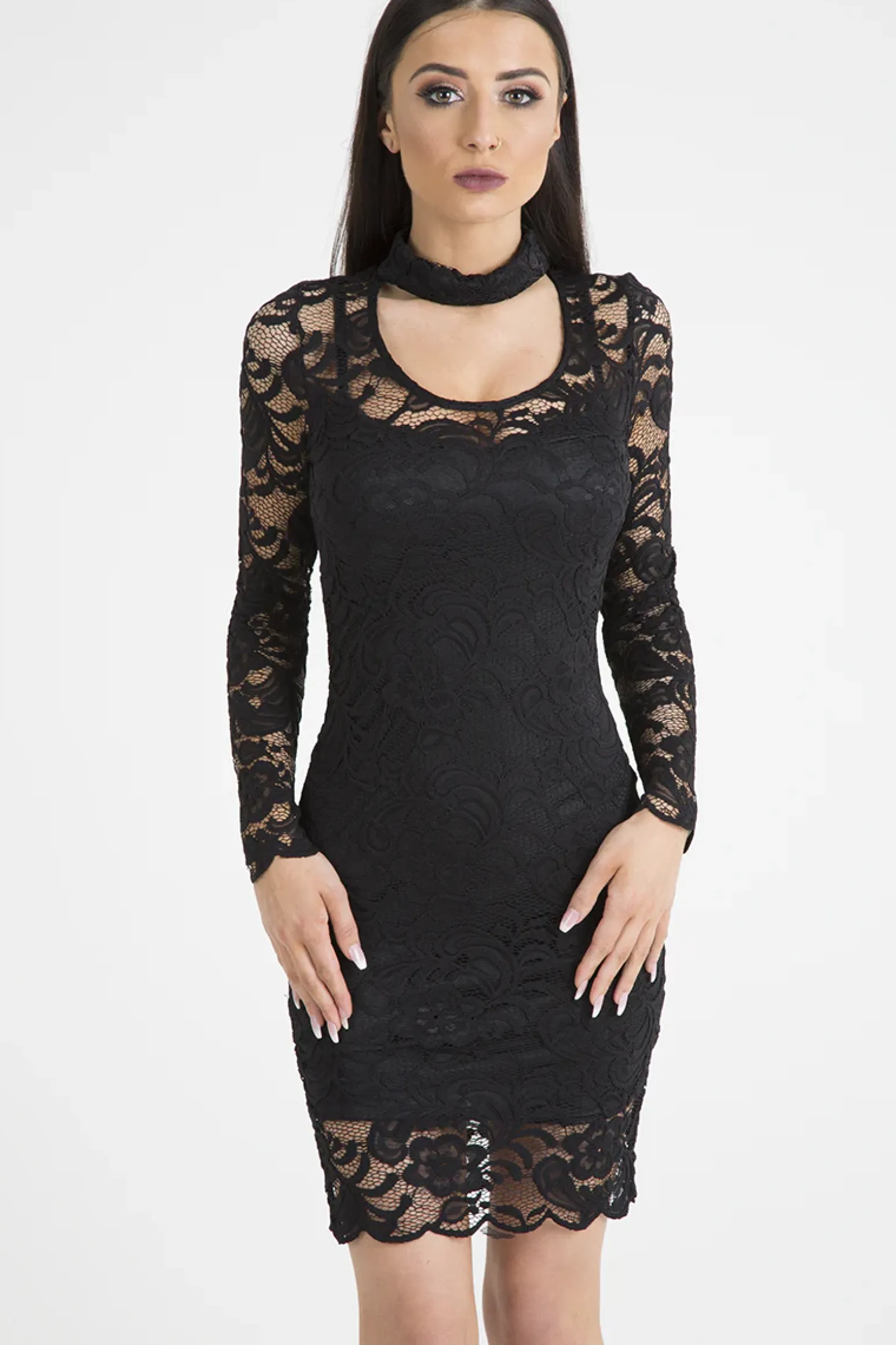 Rebellious Fashion Black Lace High Neck Cut Out Dress - Bailey