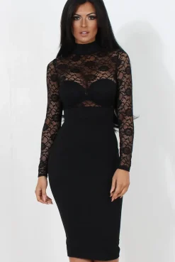 Rebellious Fashion Black Lace High Neck Midi Dress-Neriah