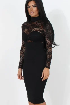 Rebellious Fashion Black Lace High Neck Midi Dress-Neriah