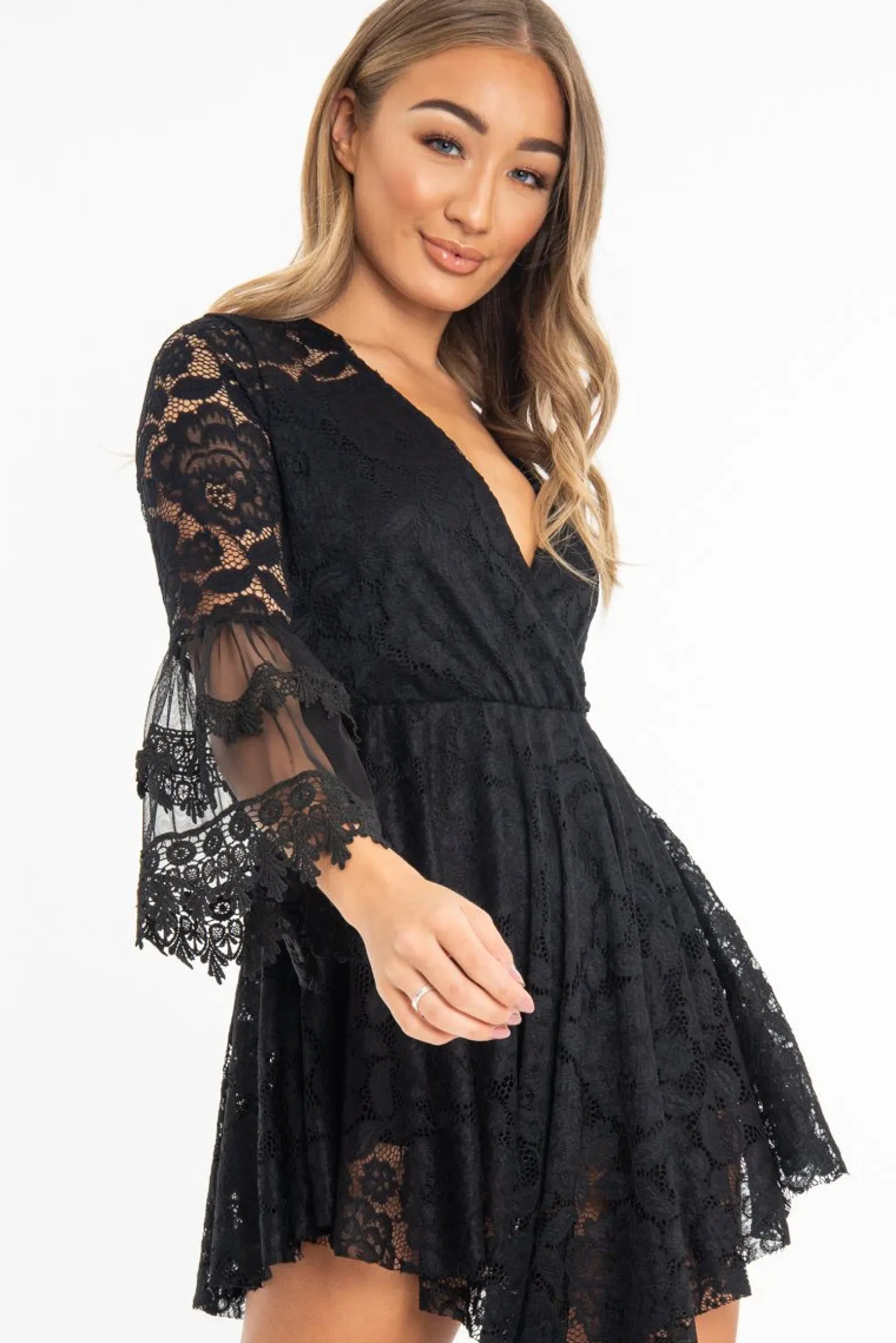 Rebellious Fashion Black Lace Plunge Wrap Bell Sleeve Mini Dress - Kristina