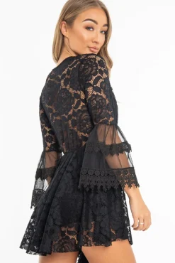 Rebellious Fashion Black Lace Plunge Wrap Bell Sleeve Mini Dress - Kristina
